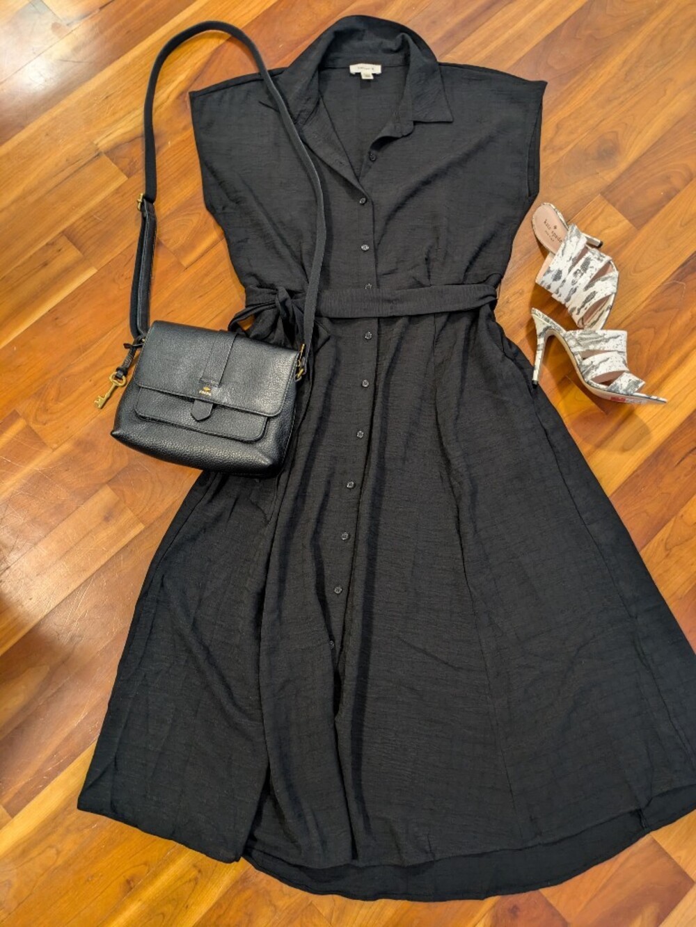 Classic Button-Front Black Belted Women's Dress